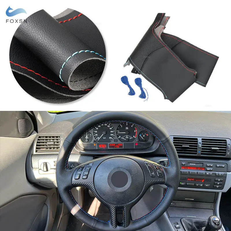 For BMW 3 5 Ser E46 325i E39 X5 E53 Z3 E36 Car Accessories Braid Steering Wheel Cover Hand Sewing Black Leather red blue line