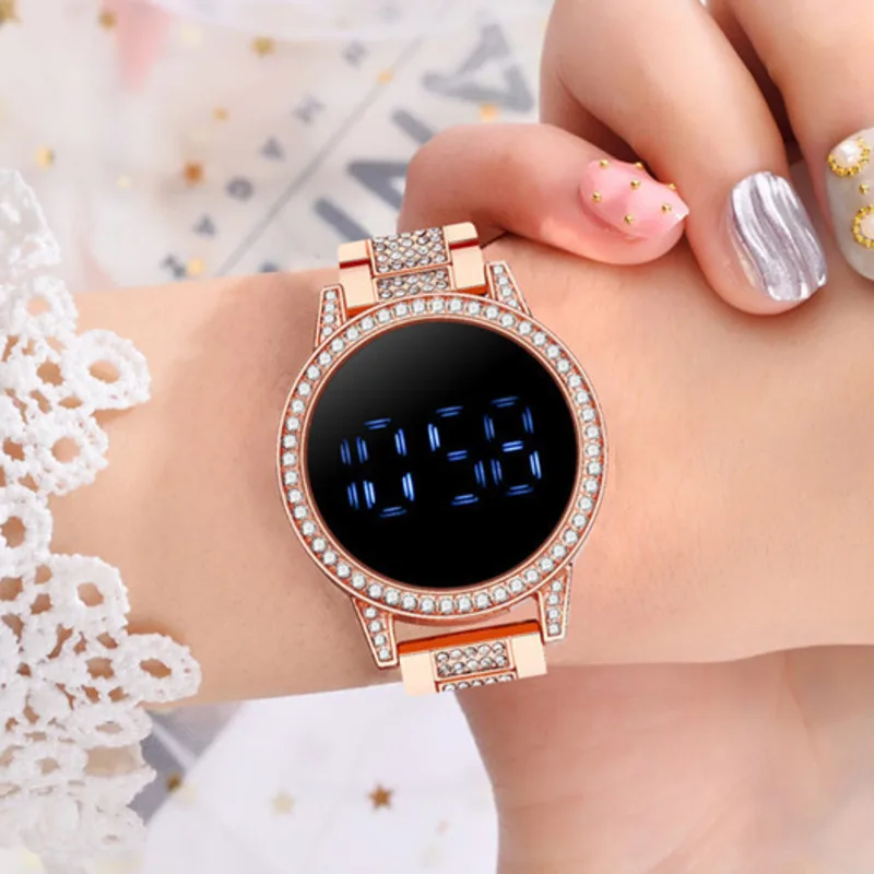 Reloj Digital LED con pantalla táctil para mujer, pulsera de acero inoxidable con diamantes de imitación, de lujo, a la moda