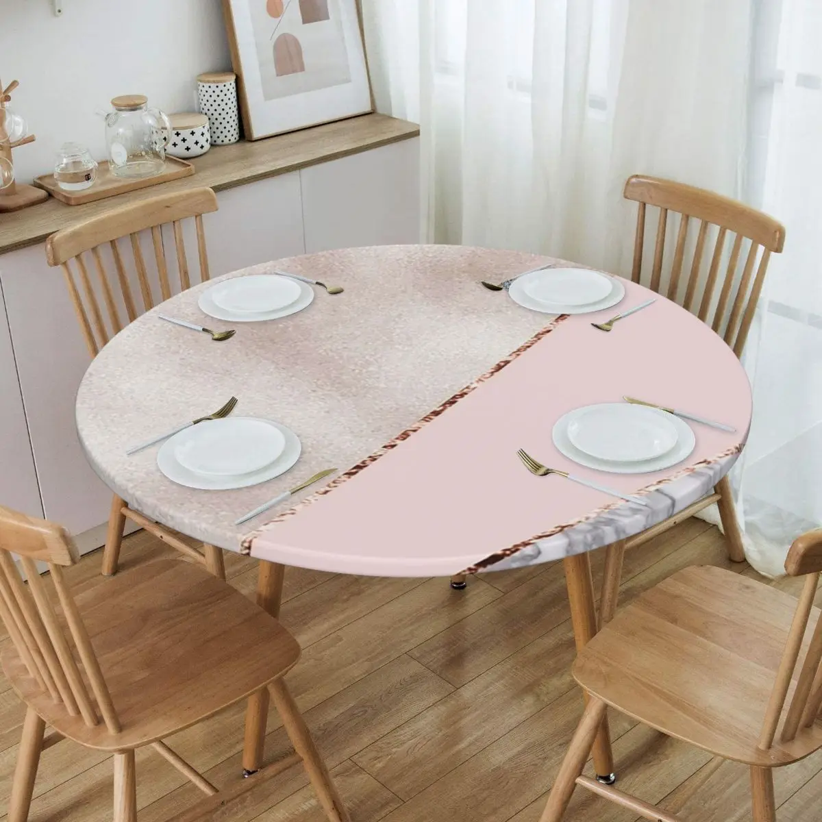 Spliced Mixed Rose Gold Marbl Waterproof Round Tablecloth Oilproof Table Cloth for Kitchen Events Dining Table Cover