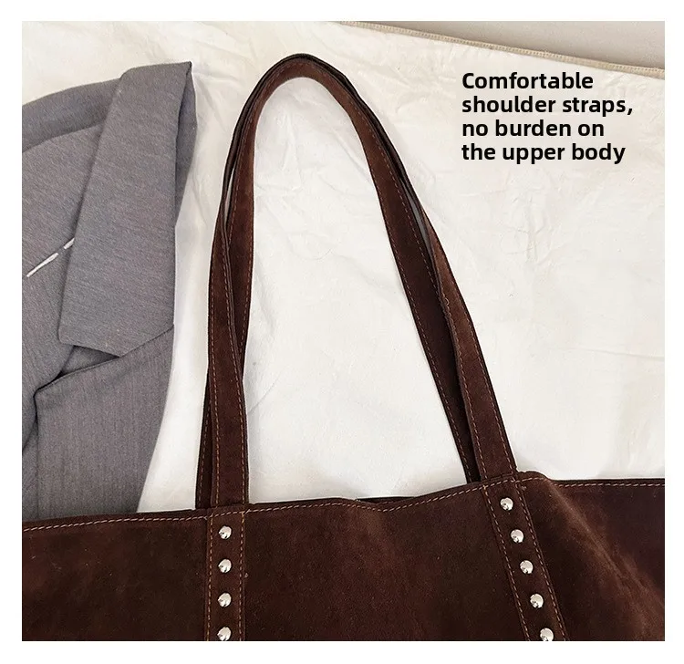 Trendy Large Capacity Suede ToteS BagS with Stud Accents Soft Texture Handbag for Everyday Commute Shoulder Purse Casual Carry