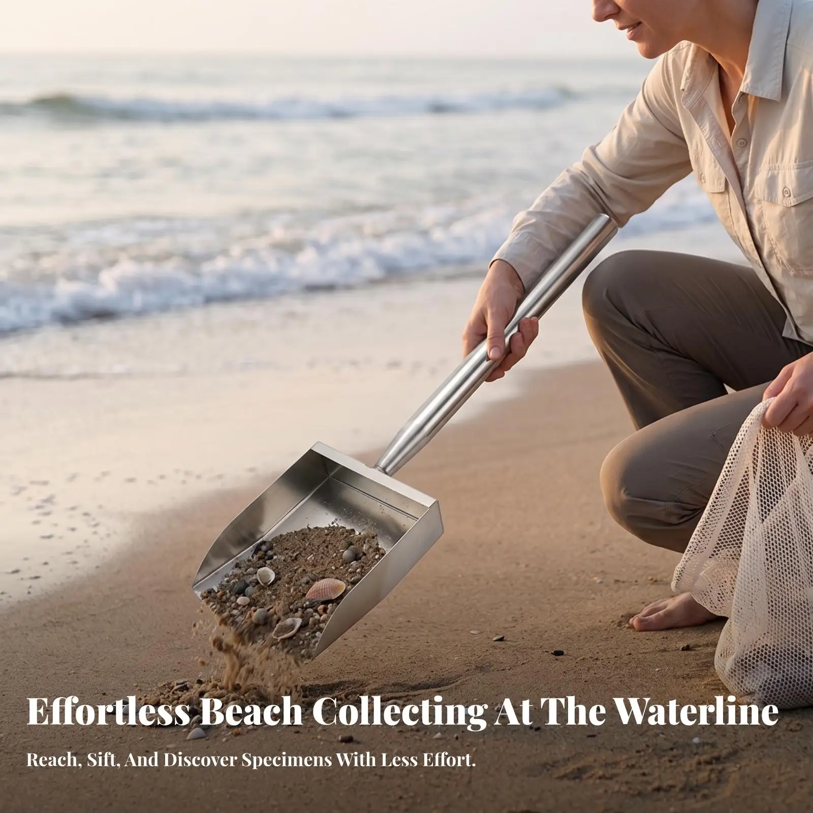 Stainless Steel Beach Sand Sieve Shovel Heavy Duty Digging Tool for Sand Collecting Treasure Hunting Coastal Foraging