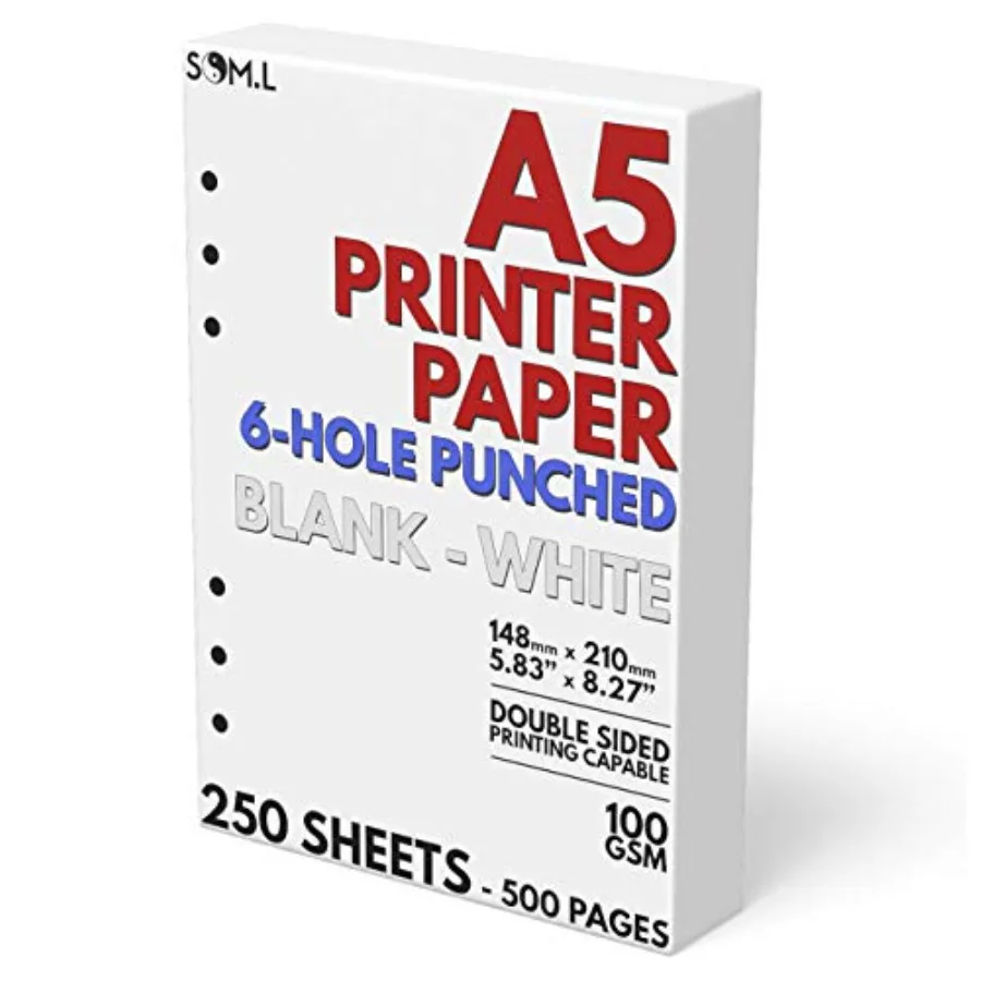 

A5 Blank Paper 6-Hole Punched, 250 Sheets 500 Pages,100 GSM, Printer Paper 148mm x 210mm (5.83 in. x 8.27 in.)