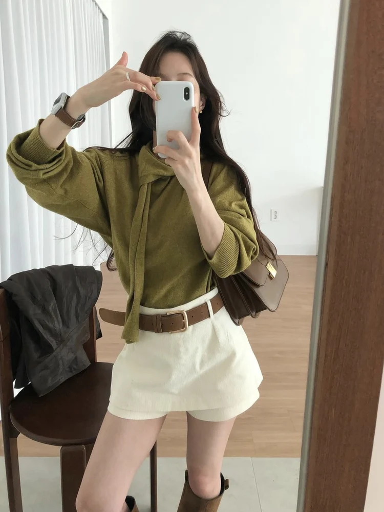 

Retro Style Women's Knitted Sweater with Sash Loose Neck Design Long Sleeve Casual Top Fashionable Base Layer T-Shirt