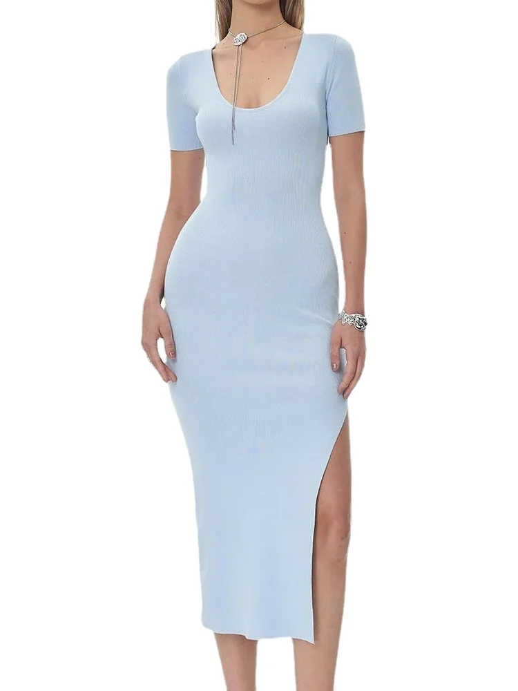 

Summer Short Sleeve U-neck Midi Dress Women Split Knitted Slim Elegant Dresses