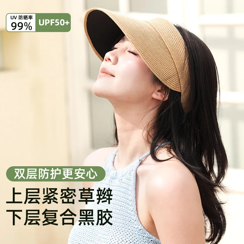 Adult Wide Brim Double Layer Straw Empty Top Sun Hat Upf50+ Uv Protection Adjustable Solid Color Sun Visor For Outdoor Daily Use