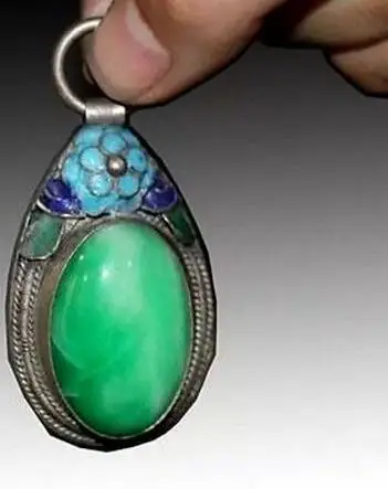 

Handwork Old Tibet Silver Inlay Blue Jade Cloisonne Flower Wonderful Pendant