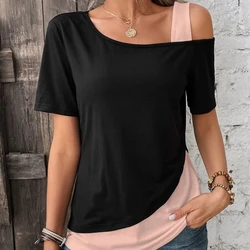 Casual Summer Top T Shirt Women Chic Color Blocking Off Shoulder T-Shirt Short Sleeves and Asymmetric Tops