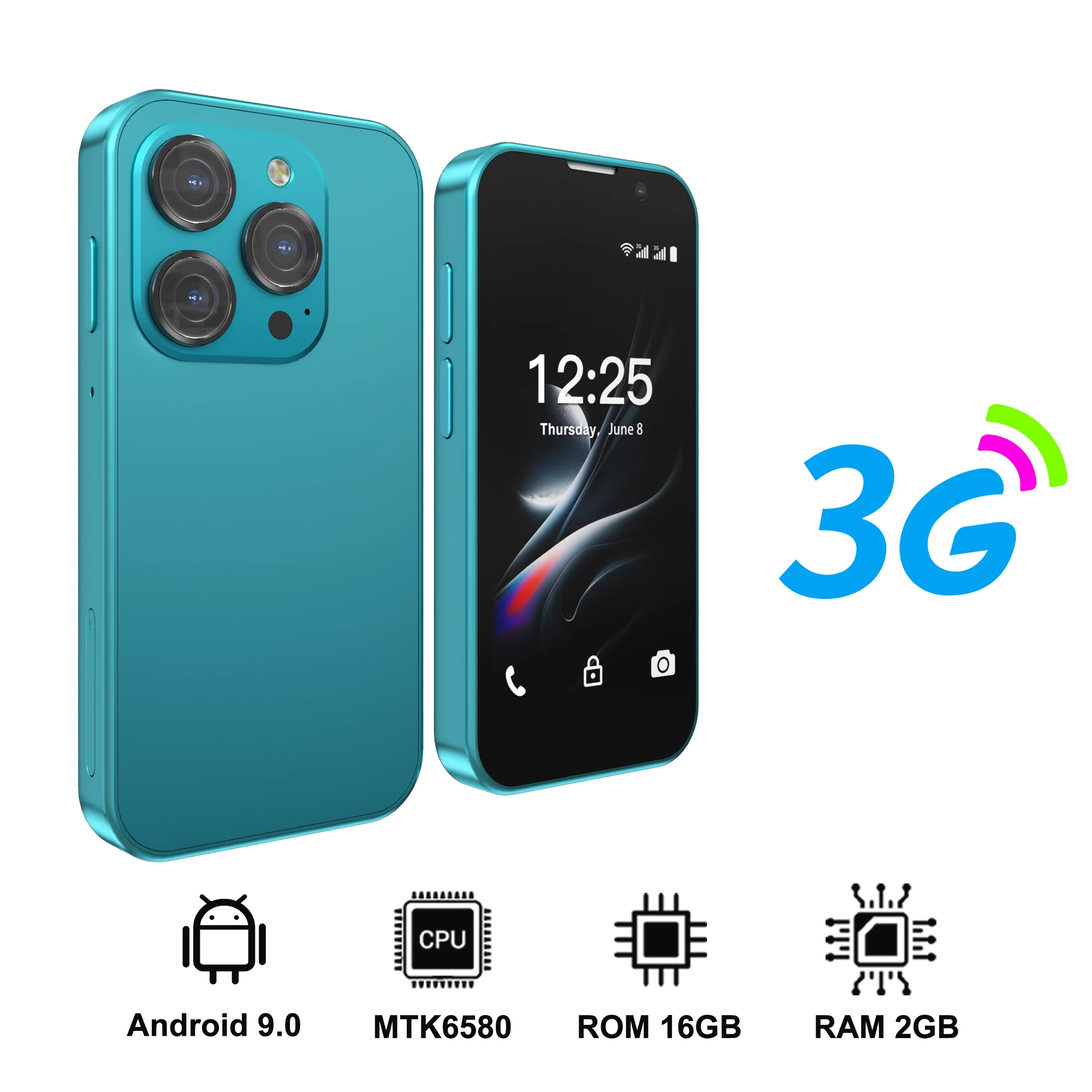 SERVO 3G Super Mini Smartphone Android 9.0 OS 2GB+16GB Gezichtsontgrendeling Play Store WiFi Hotspot 2 SIM Standby 3.0" Kleine Smartphones