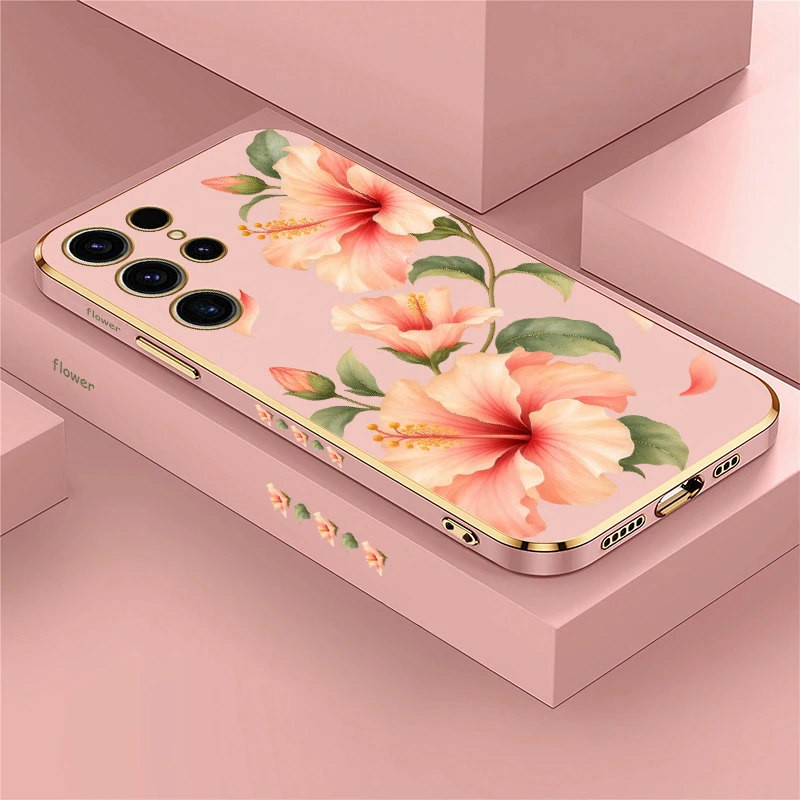 Pink Hibiscus Flowers Pattern Phone Case For Samsung Galaxy S26 Ultra S25 S24 Plus FE Lens Protect Soft Silicone Back Cover Capa