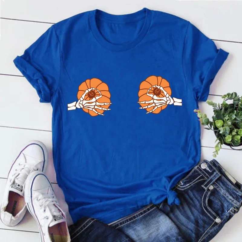 Pumpkin Boobs Shirt Funny Halloween Tshirt Skeleton Hands Halloween Shirt Halloween Party Women Clothing Pumpkin Theme Tee L