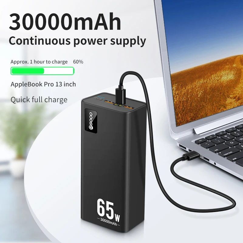 65W 30000mAh szybko ładujące banki mocy Power bank do laptopa z kablem USB 100w