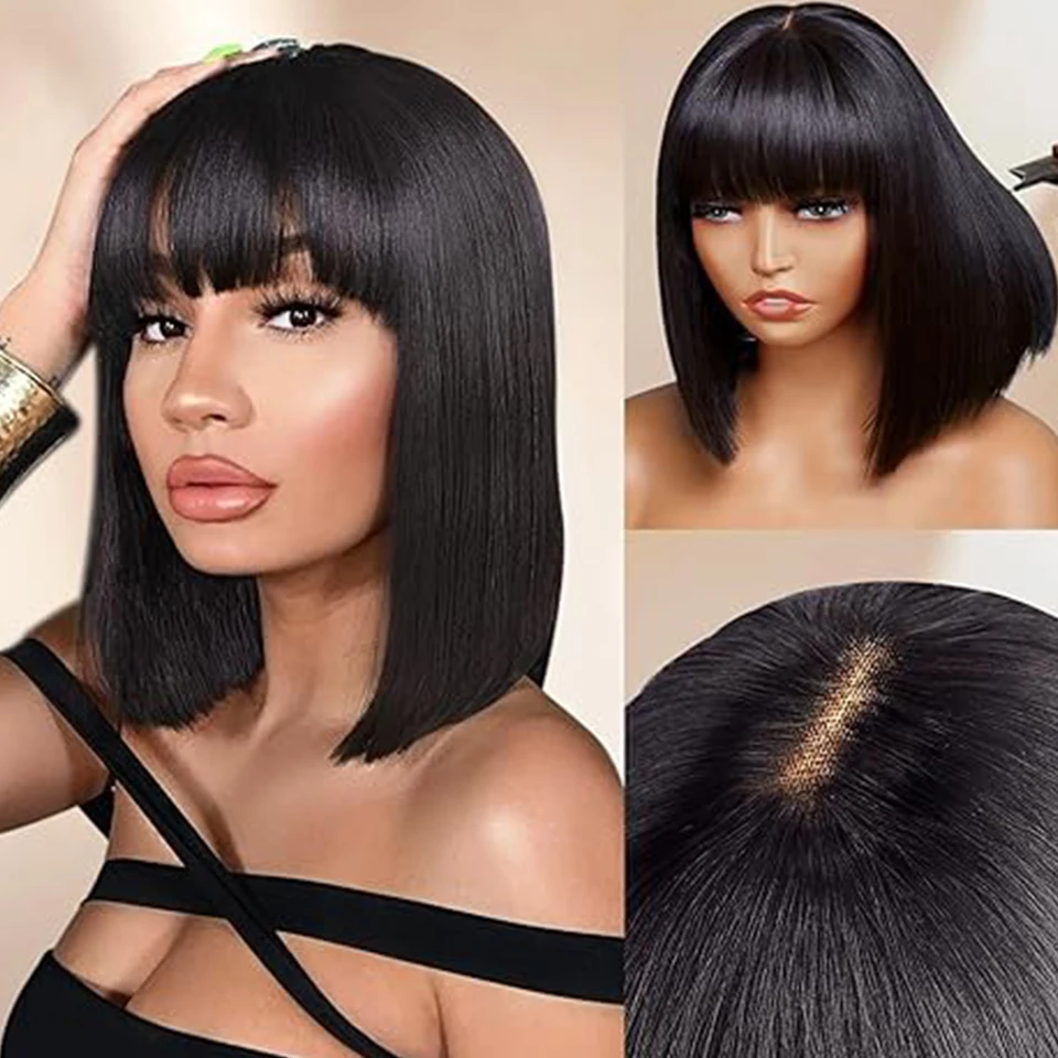 Mongolian Straight Bob Lace Wigs With Bangs Middle Part Glueless Straight Bob Lace Human Hair Wigs With Fring Realistic Scalp