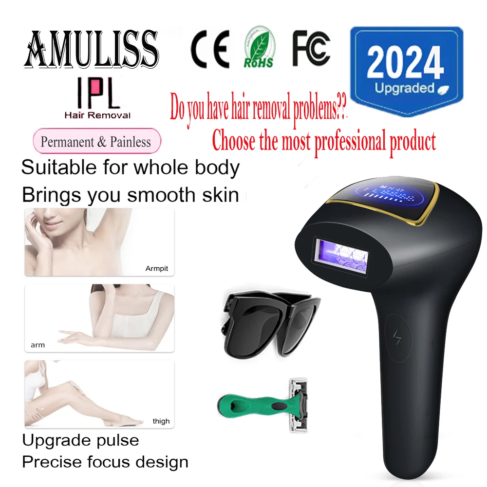 Amuliss Hair removal IPL Depilator Pulses Permanent Laser Epilator Painless  Bikini face and body machine home-appliance Devices