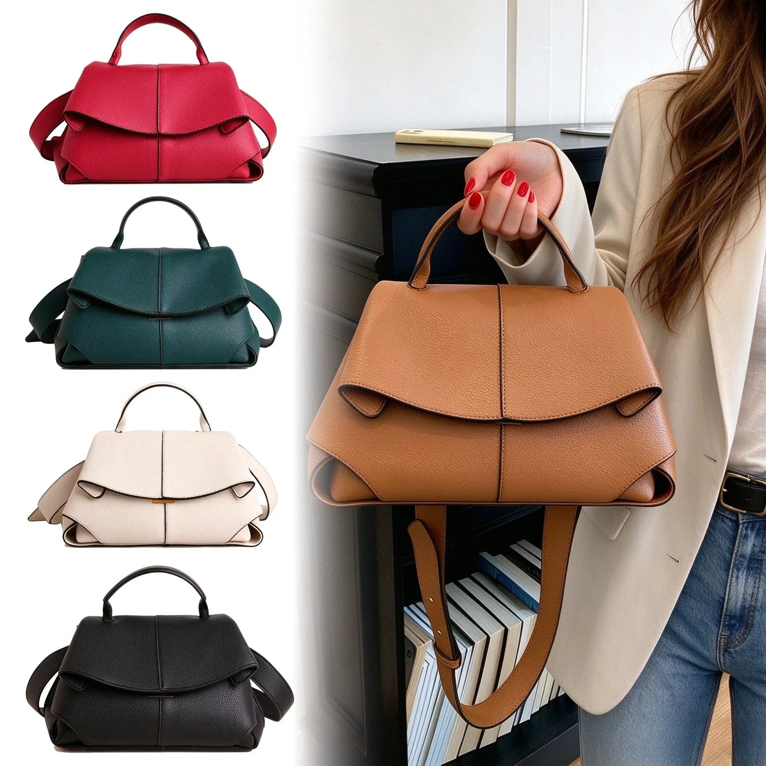 Premium Structured Leather Flap Handbag, Women Luxury Top Handle Crossbody Bag, Multi-color Ladies Purse for Work & Daily Use