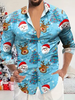 Chemise hawaïenne à manches longues pour hommes, impression 3D du père Noël, chemise à revers de Noël amusante, cadeau de mode décontracté