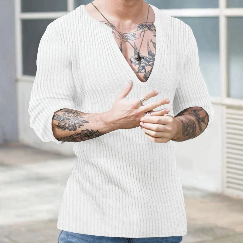 Camisa de punto con cuello en V profundo para hombre, parte inferior ajustada, ropa informal de manga larga, tendencia de moda, Otoño e Invierno