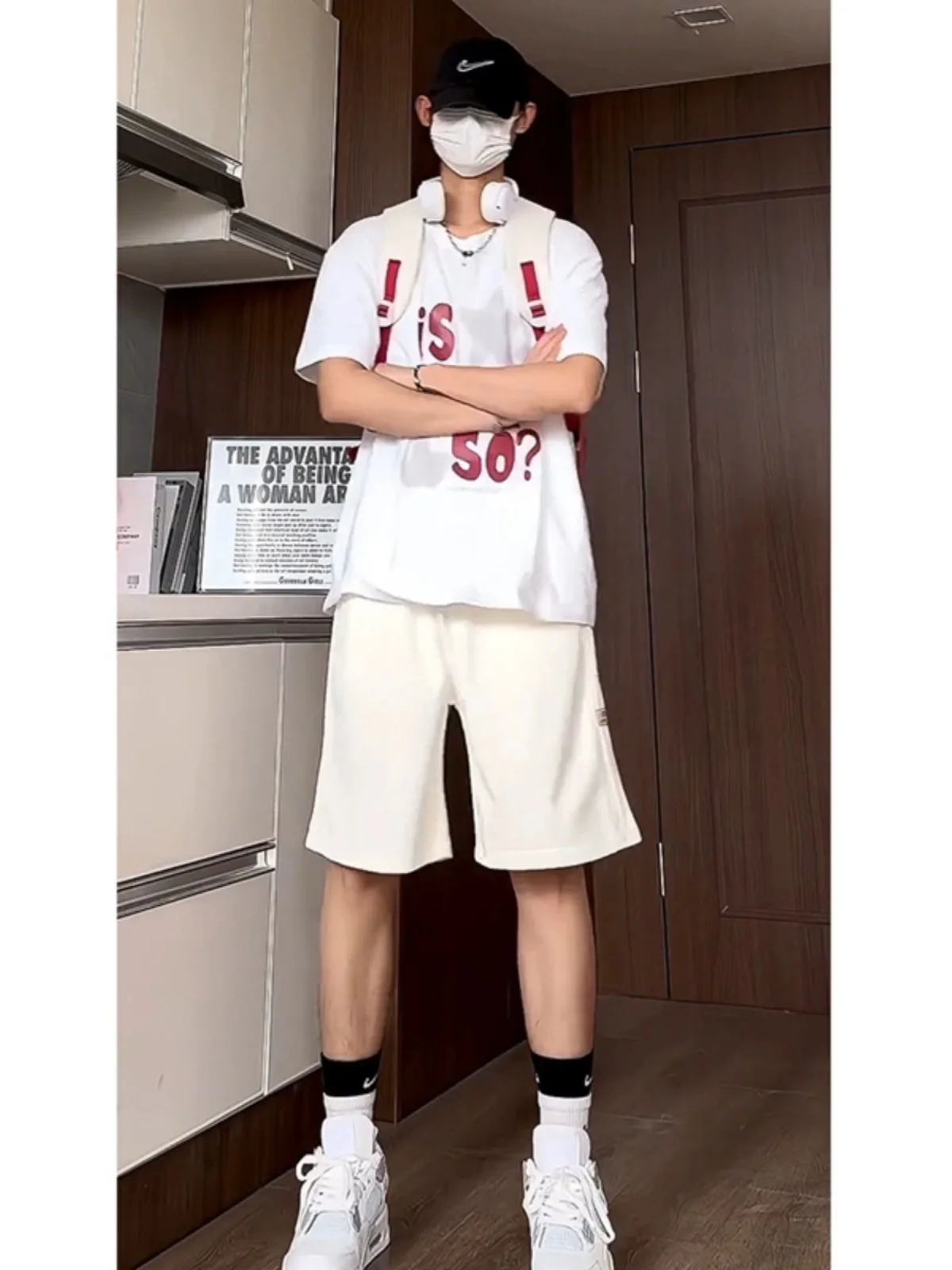 

Khaki Side Striped Baskeall Sports orts Men's Summer Casual Loose Fit Low Waist Five-Quarter Length Youth Couple's orts