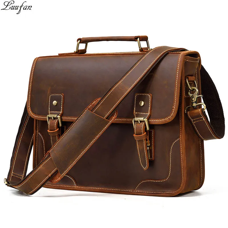 Genuine Leather Men's Briefcase Fit 15.6" PC Laptop Bag Crazy Horse Leather Business Handbag Messenger Bag Work Tote Man