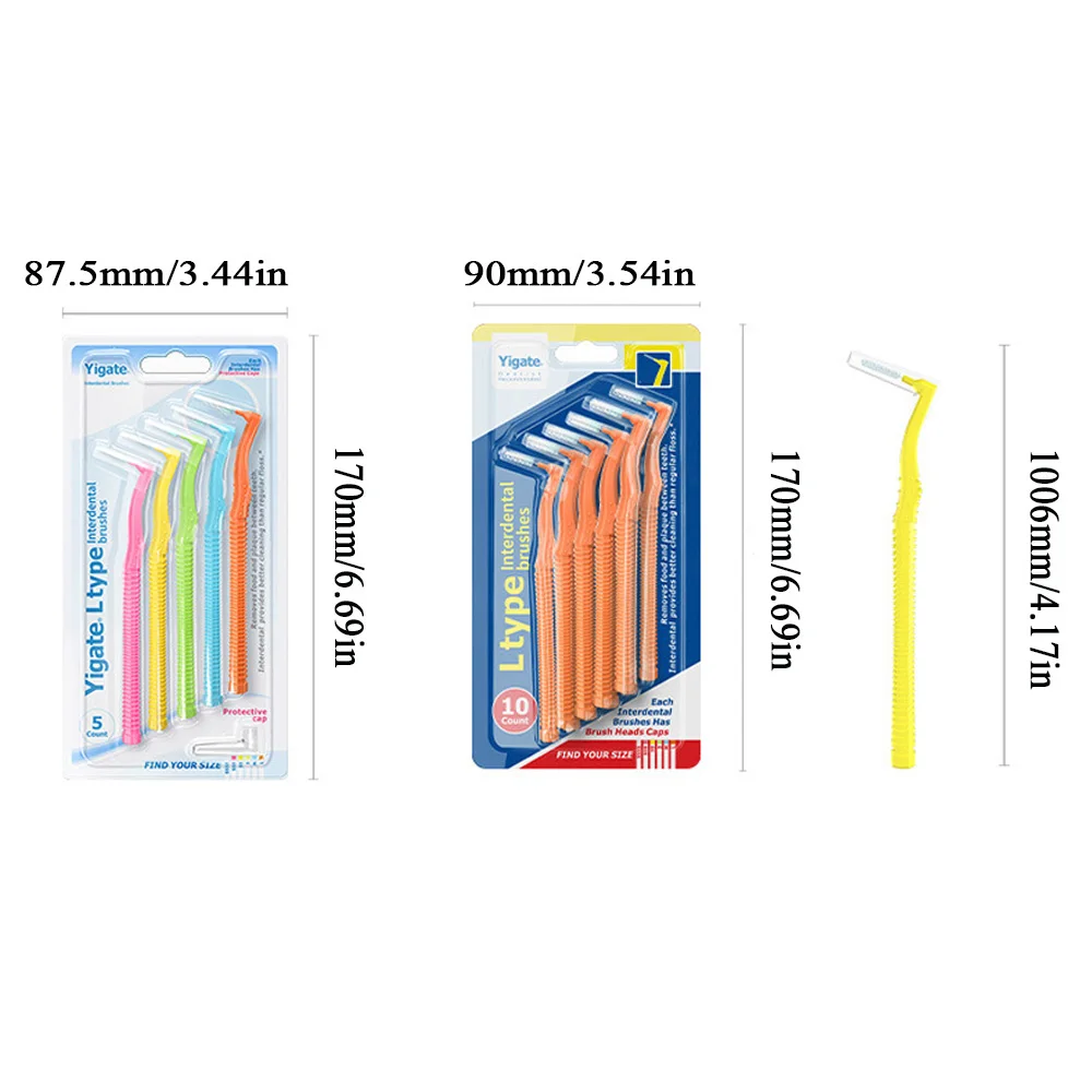 5/10ชิ้นแปรง interdental รูปตัว L แปรงทำความสะอาด0.4-1.5มม. ระหว่างฟันฟันวงเล็บปีกกาเครื่องมือดูแลช่องปาก