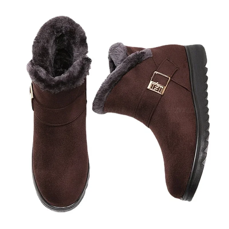 Botas de nieve de algodón para mujer, zapatos cálidos de terciopelo grueso, planos, de talla grande, para madres y ancianos, Invierno