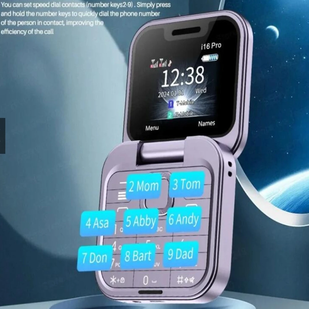 I16 Pro MIni Fold cellulare 2G GSM Dual SIM Card Speed Dial Video Player Magic Voice 3.5mm Jack FM Small Flip cellulare