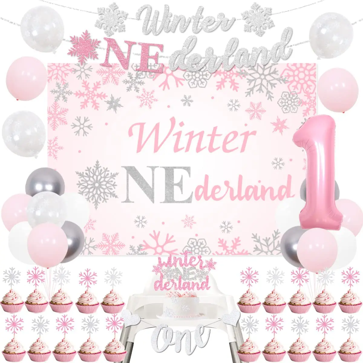 Funmemoir Pink Winter Onederland 1st Birthday Decoration for Girl Snowflake Backdrop Banner Cake Toppers Balloon Party Supplies