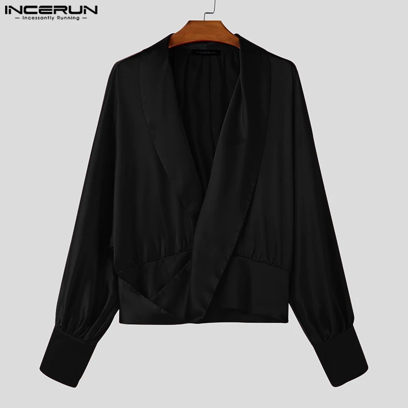 INCERUN 2024 Handsome Men\'s Sexy Shoulder Pad Design Shirts Casual Clubwear Male Solid Simple V-neck Long Sleeved Blouse S-5XL