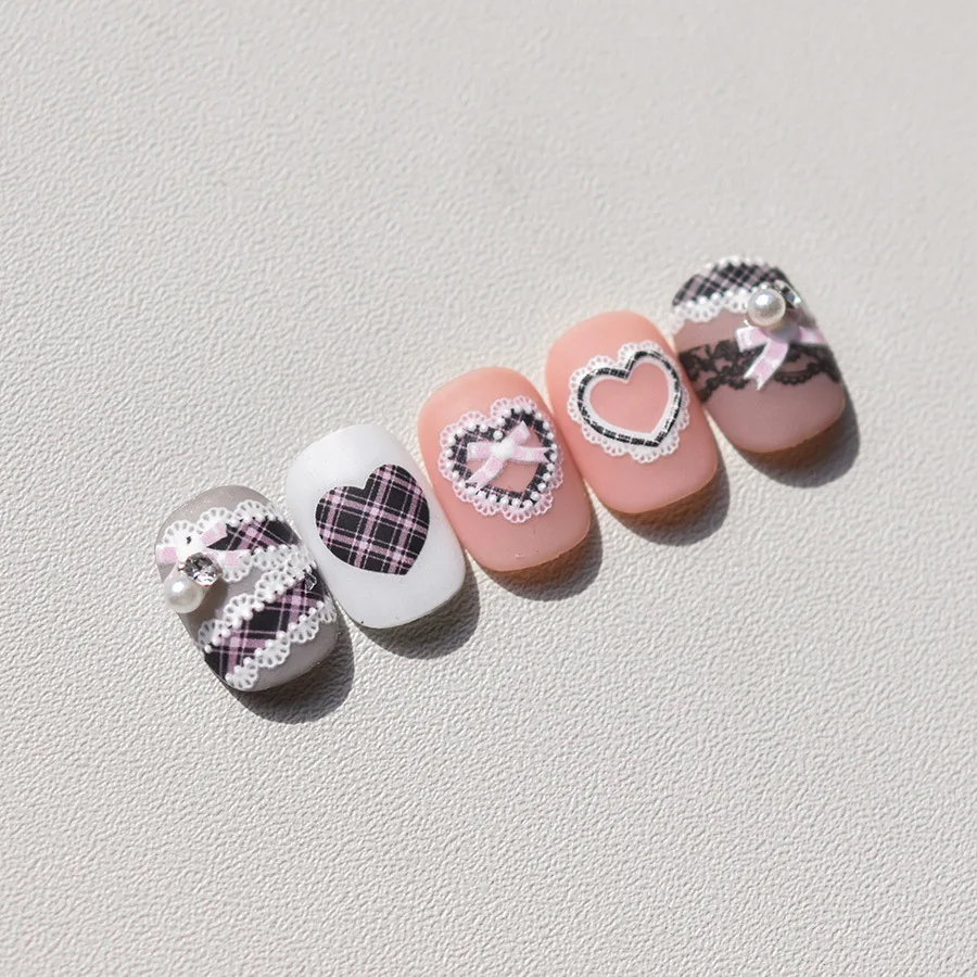 Sweet Black Pink Grid Lace Love Heart & Bowknot 3D Self Adhesive Nail Art Stickers Manicure Decals High Quality