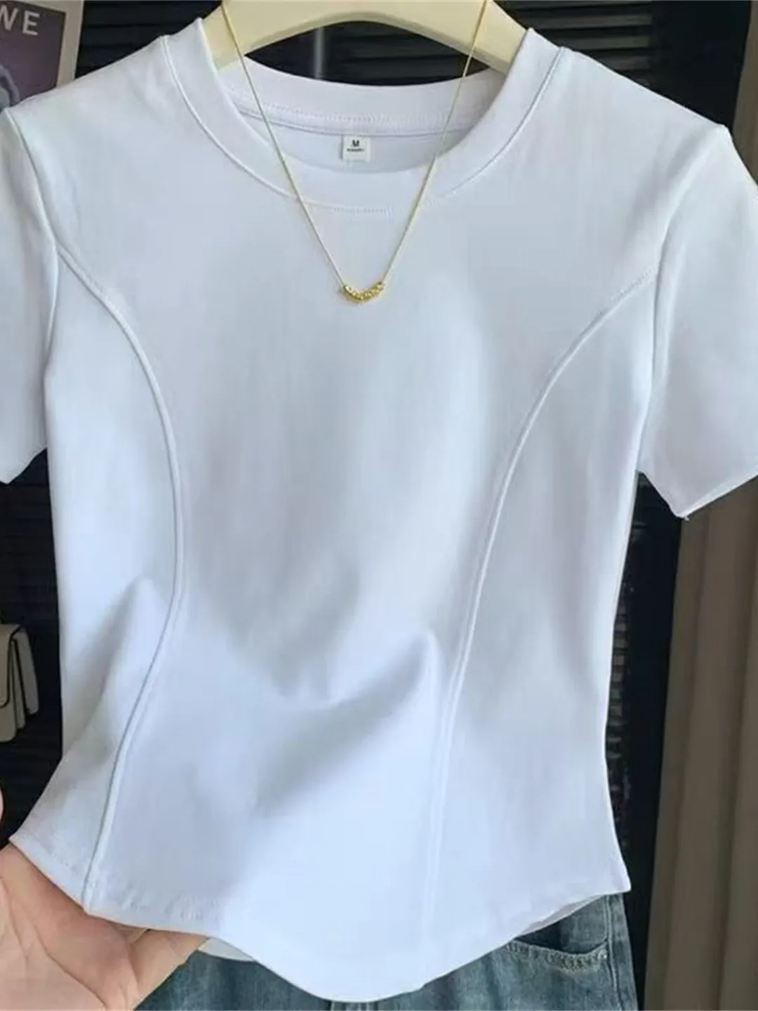 

Футболка Slim Fit с коротким рукавом, цветная, с узором «рыбья кость», в повседневном стиле, весна-лето, новинка, универсальная, с закругленным низом