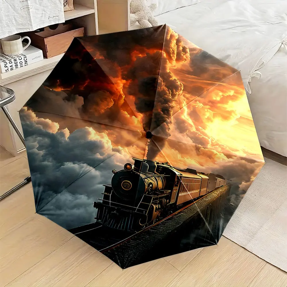 

Винтажный складной зонт с изображением паровоза и заката - автоматическое открытие/закрытие, прочная конструкция с 8 спицами, компактный дорожный зонт для путешествий