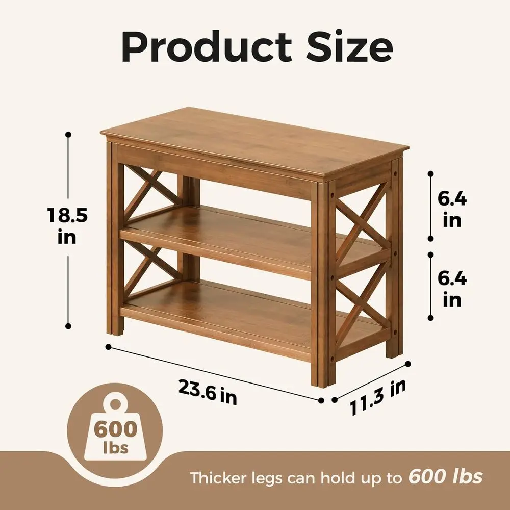 مقعد رف أحذية من الخيزران مكون من 3 طبقات، مساحة تخزين ريفية، بني X، 23.6 بوصة #2