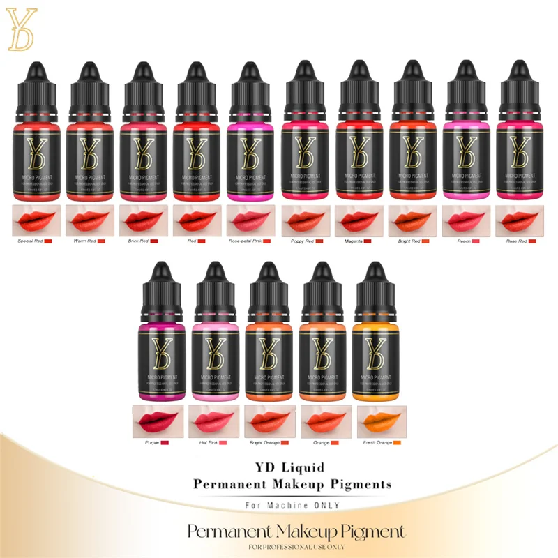 YD PMU 15 Colors Lips Liquid Pigment Tattoo Ink Professional Permanent Makeup Micropigmentation Beauty Lips Cosmetic Supply 12ML