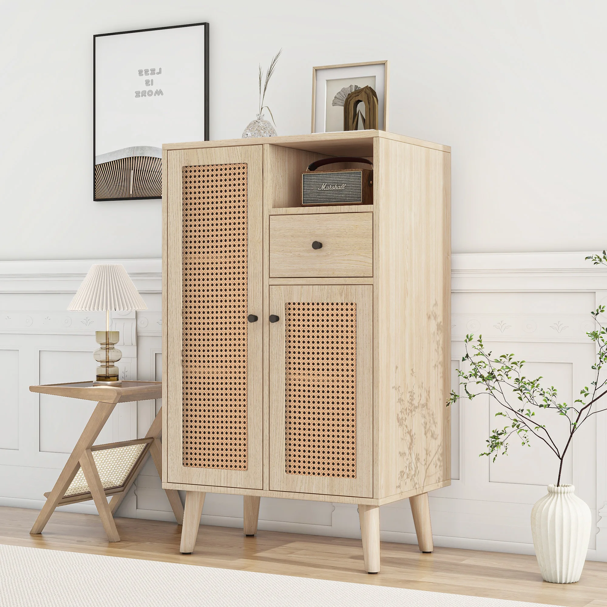 VSOGA Sideboard, Wood look, 2 rattan doors, 1 drawer, corner wardrobe, dresser, storage space, 60x40x101 cm