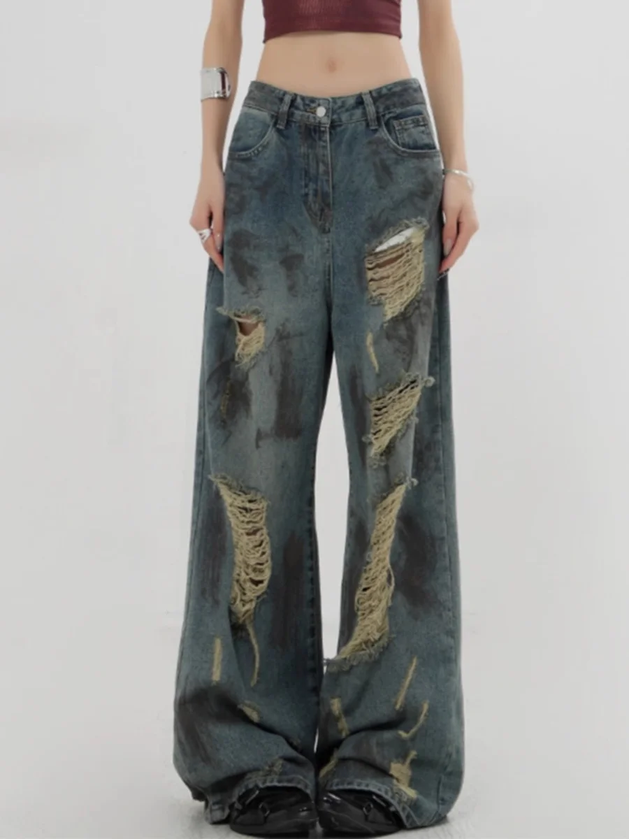 Vaqueros vaqueros Retro americanos con agujeros para hombre y mujer, Vaqueros holgados rectos de pierna ancha, informales, para jóvenes, verano 2024