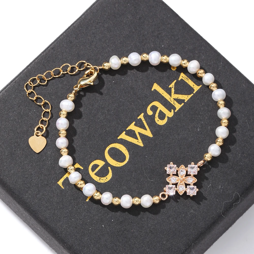 TeoWaki Natural Near Round Freshwater Pearl Bracelet Adjustable Snowflake Pendant Decorations Jewelry Birthday Gift 14.5+5cm