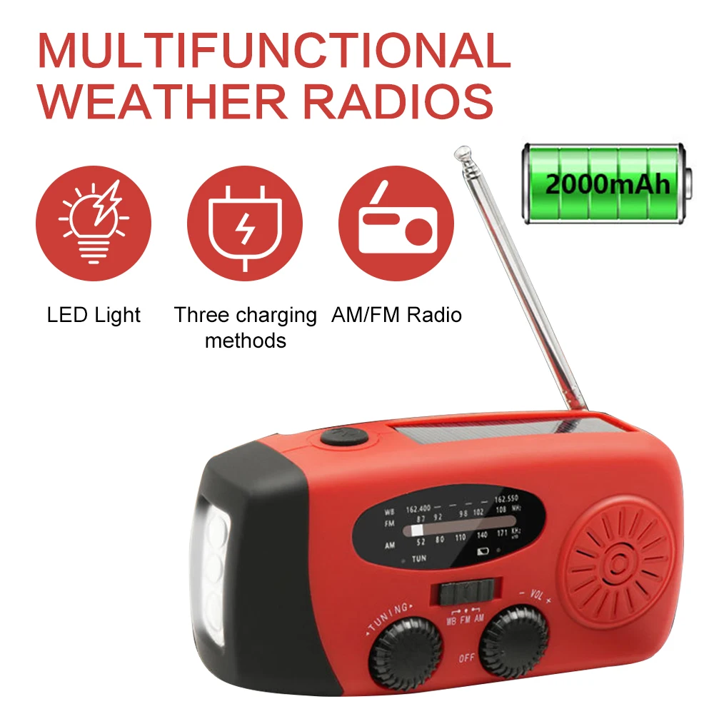 Portable Emergency Radio FM AM WB Weather Radio 2000mAh USB Charging Solar Hand Crank Rechargeable LED Flashlight Power Bank