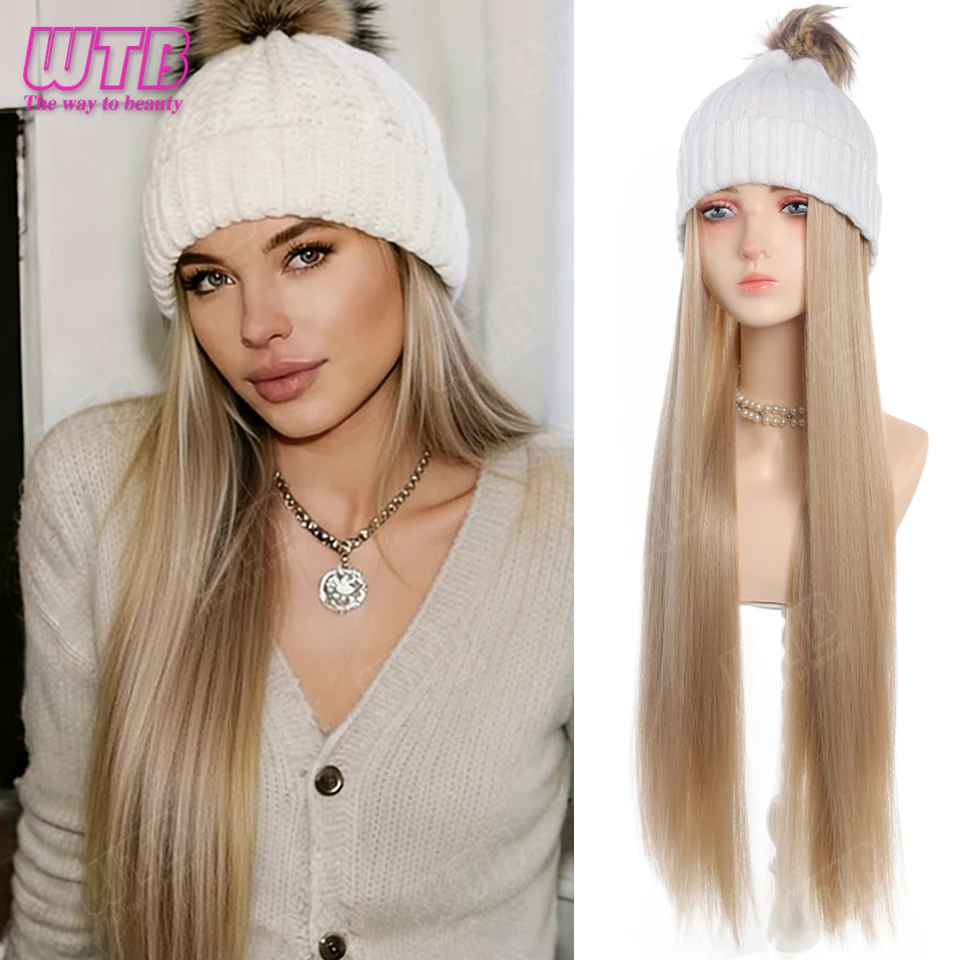 

WTB Synthetic Hat Wig for Women Warm Knitted Hat with Long Straight Hair Suitable for Daily Wear in Autumn and Winter
