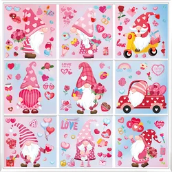 9 Sheets Valentines Day Window Stickers Cartoon Gnome I Love U Heart Shape Glass Stickers Decals Wedding Party Home Decoration