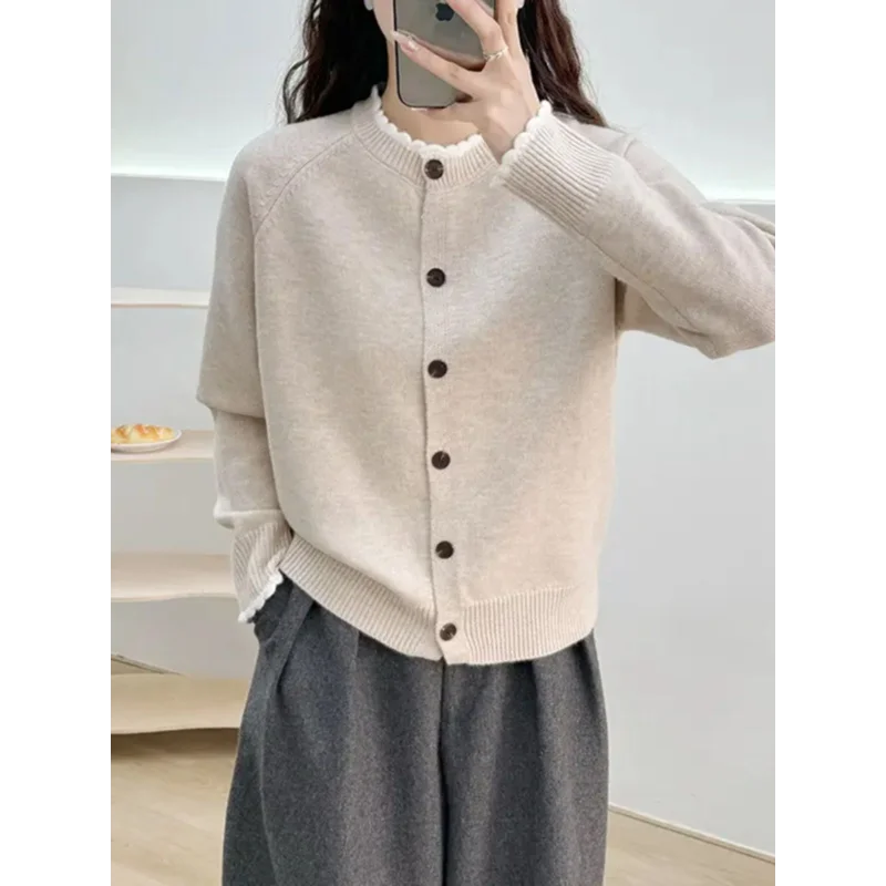 花エッジカラーブロックニットカーディガン女性の春秋の新ファッションカジュアルトップショートアウターセーターコート