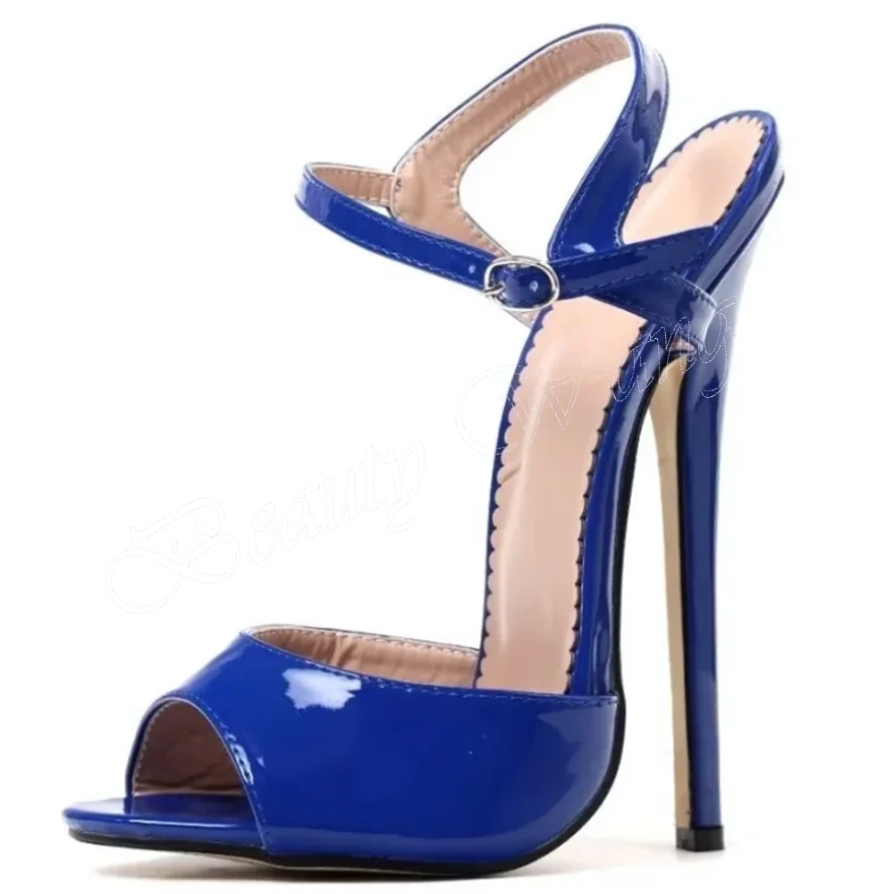 

Blue Patent Leather Supper high Heel Sandals Solid Round Toe High Heel Shoes for Women Runway High Heels 2023 Zapatillas Mujer