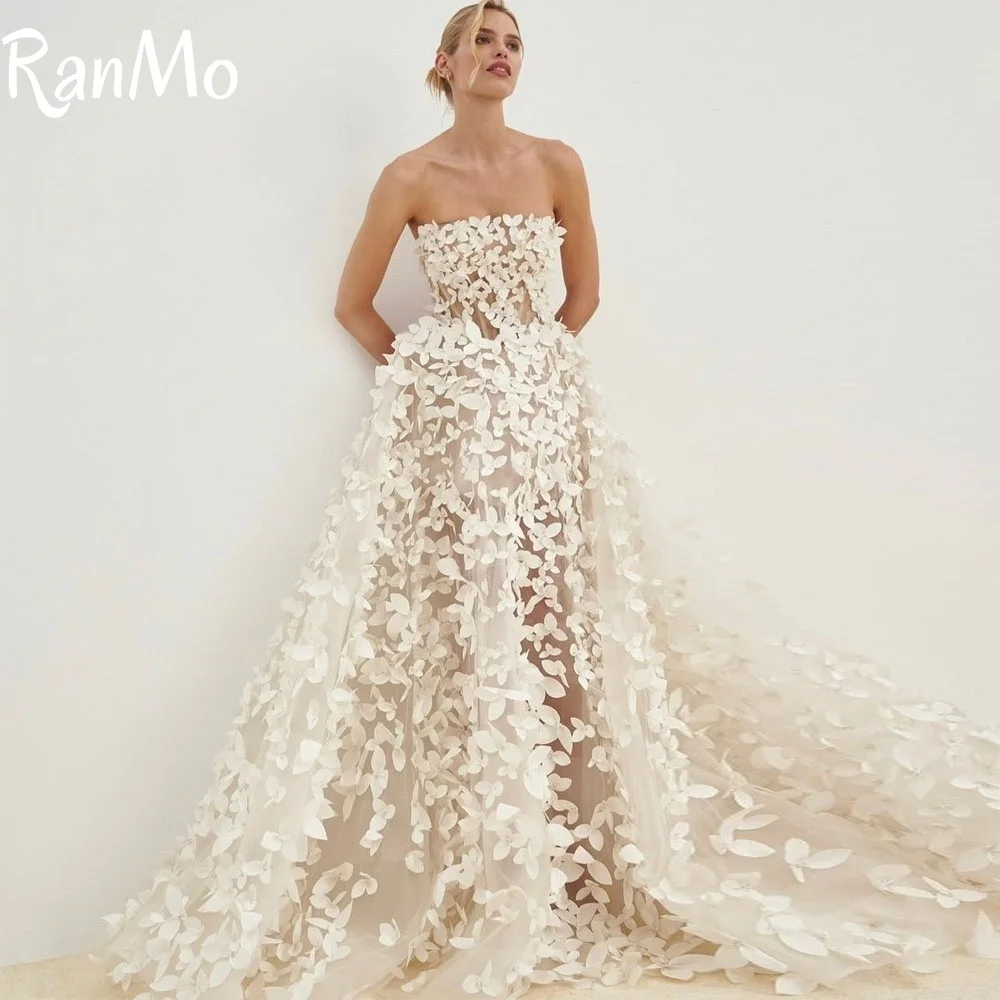

Ranmo Элегантные свадебные платья трапециевидной формы с 3D цветами без бретелек, без рукавов, кружевные платья невесты с открытой спиной для женщин, платья de novias 2025