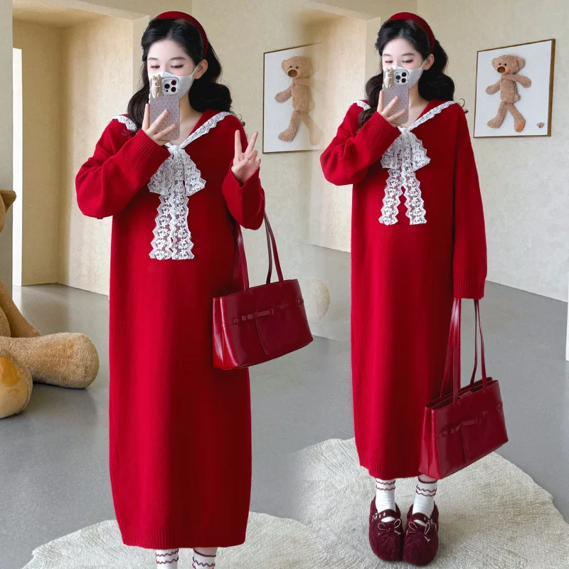 Maternity Dress Autumn Winter Gentle Elegant Temperament Loose Soft Comfortable Lace Bow Knitted Sweater Dress For Pregnancy