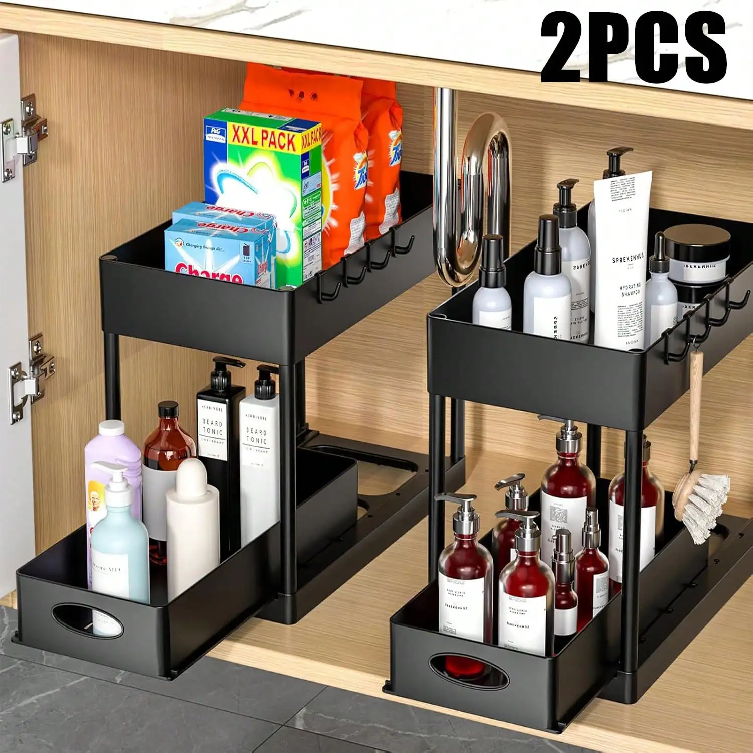 

2-Piece 2-Tier Under-Sink Storage Rack: Sliding Basket with 10 Hooks for Kitchen & Bathroom