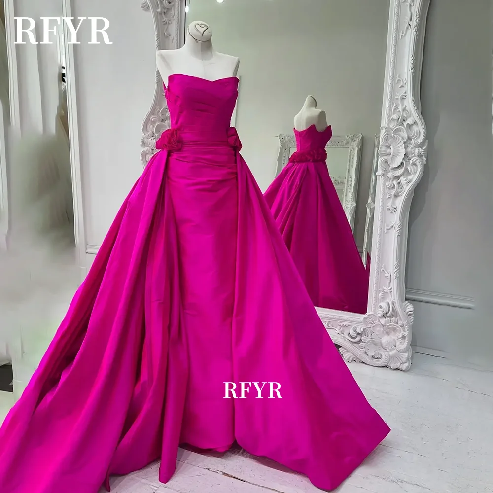 

RFYR A Line Prom Dress 3D Flowers Formal Evening Party Dress Pleats Celebrity Gala for Arabic Women Customized