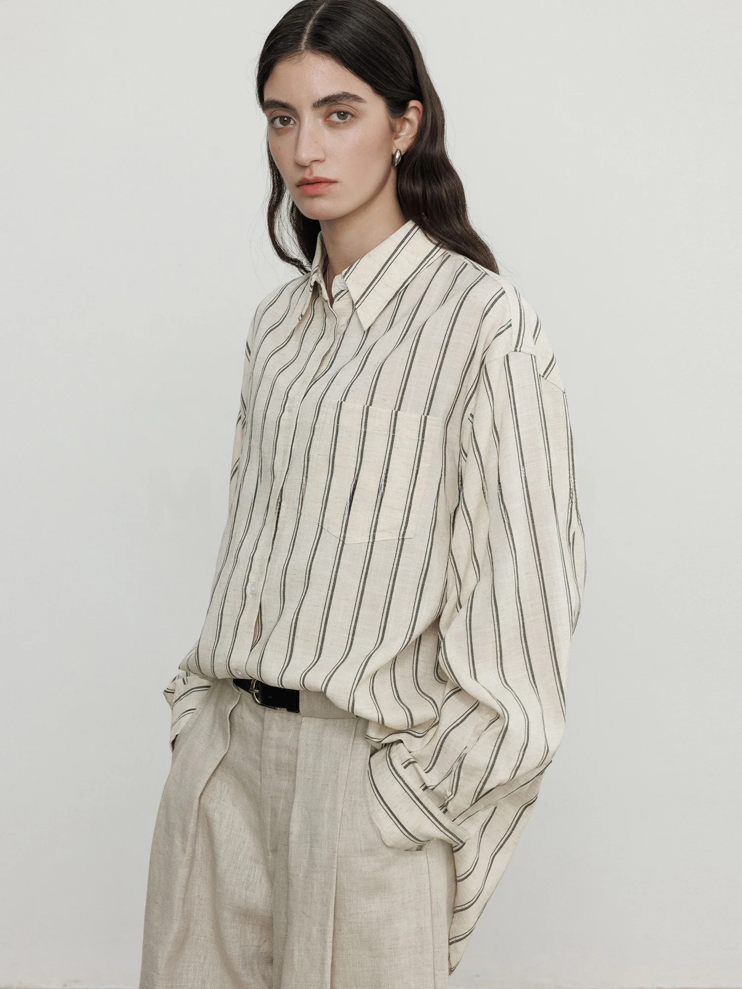 

Maiher Summer Women's Loose Fit Striped Shirt Linen Silk Casual Style Long Sleeve Classic Collar Top Breathable Comfortable