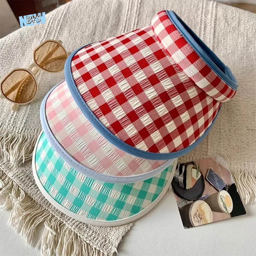 Plaid Print Large Brim Sun Hat Breathable Hair Hoop Style Summer Empty Top Cap Korean Style Pastoral Style Sun Protection Hats