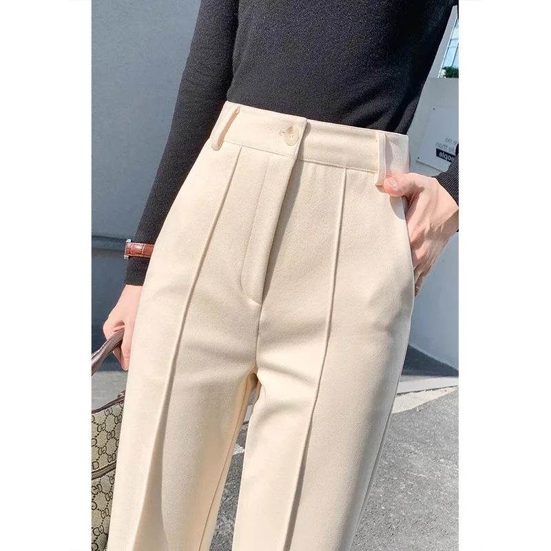 

Woolen Suit Pants Women's Autumn and Winter2024New Thick High Waist Casual Pants Small Slim Woolen Wide-Leg Pants