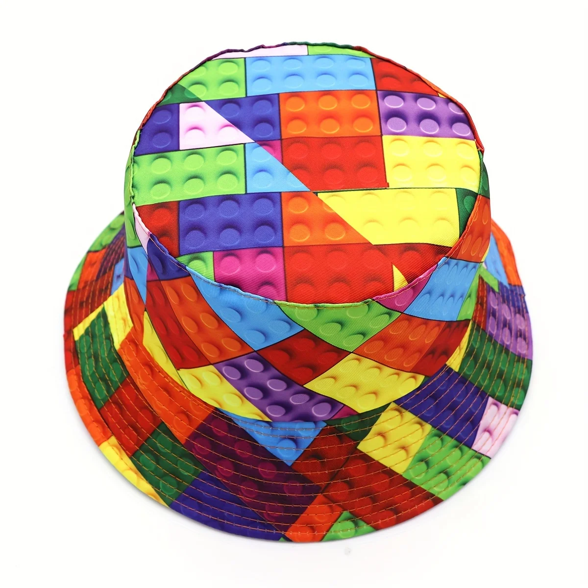 Bucket Hat with Colorful Building Blocks Pattern Vibrant Summer Casual Hat for Women Streetwear Hip-Hop Style Polyester