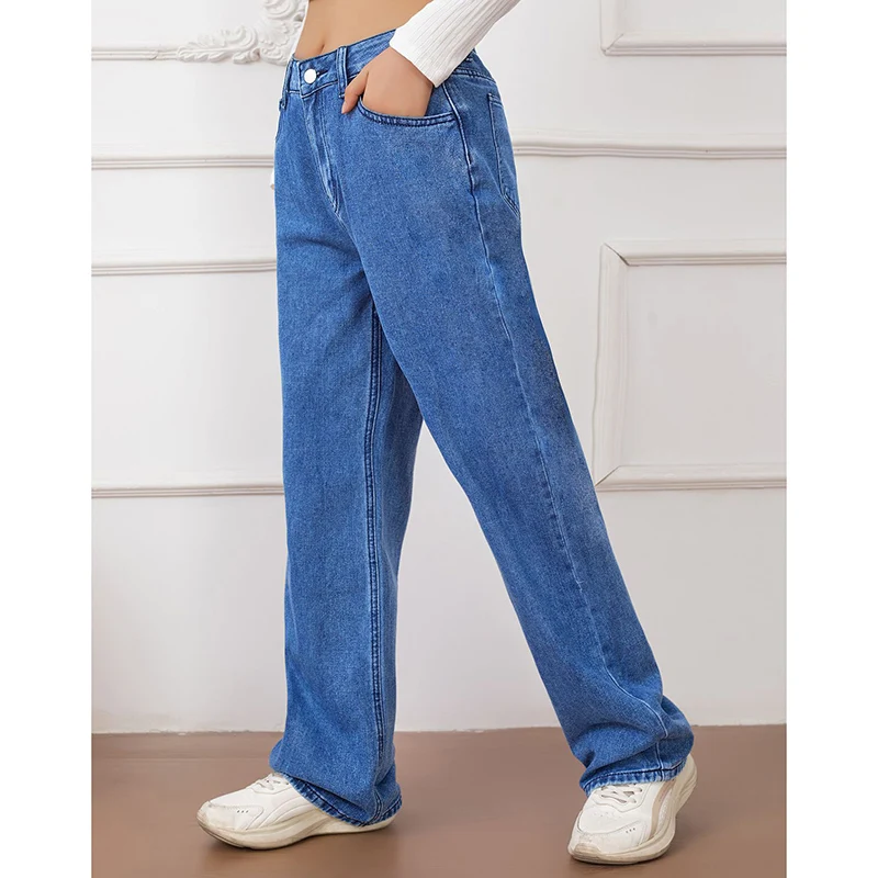 المرأة الكلاسيكية فضفاض مستقيم الساق الجينز الإناث الكورية عالية الخصر رقيقة سراويل جينز الفتيات الكورية موضة السراويل الطويلة الزرقاء #6