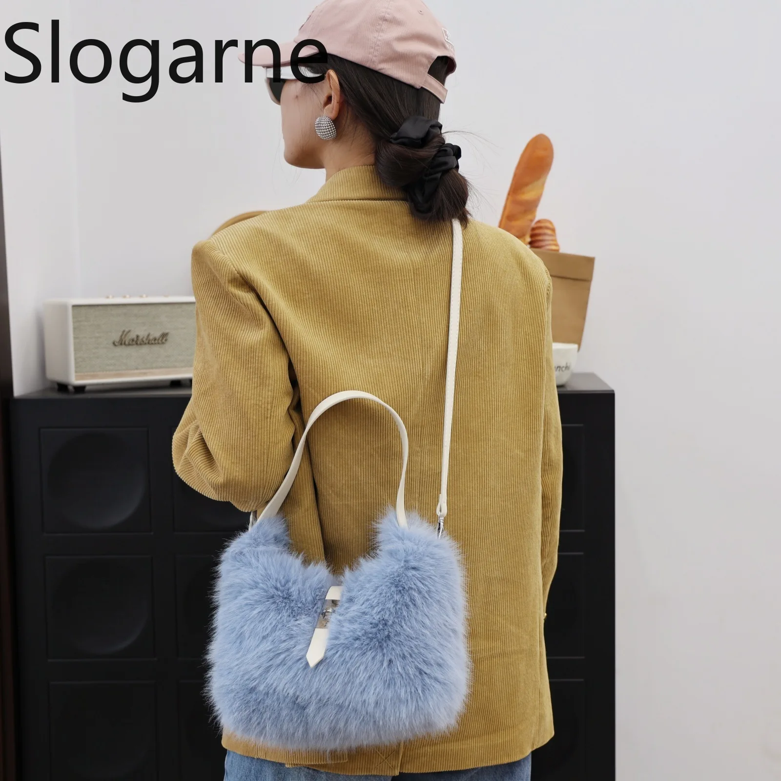 جديد تصميم فو الأرنب الفراء حقيبة كتف المرأة الفاخرة رقيق تحت الإبط حقيبة ساع السيدات الشتاء فروي حقيبة يد الفراء مخلب المحفظة #3